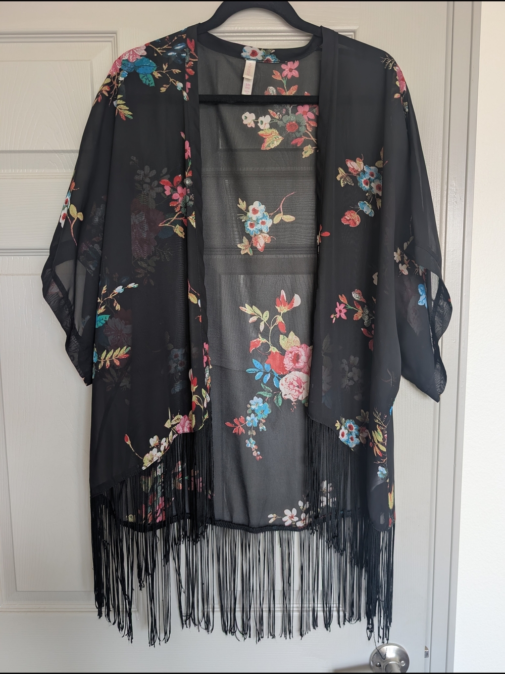 Xhilaration Black Sheer Floral Kimono with Fringe